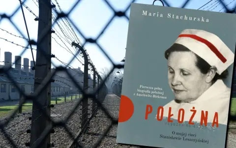 Książka o położnej z Auschwitz-Birkenau, która pomagała dzieciom. W tle druty kolczaste i baraki obozu.