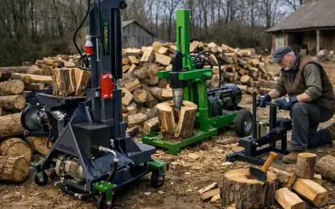 Dwie łuparki poziome, jedna czarna, druga zielona, pracują wśród stosów drewna. Mężczyzna w czapce przygotowuje drewno do łupania.