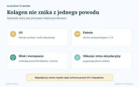 Czynniki niszczące kolagen w organizmie: UV, palenie, wiek, menopauza, glikacja i stres oksydacyjny. Ochrona przed UV i niepalenie to klucz do zachowania kolagenu.