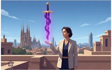 Una mujer con un traje beige levanta su mano, invocando un brillante as de espadas morado sobre un tejado con la Sagrada Familia al fondo.