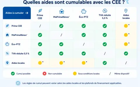 Tableau comparatif des aides cumulables avec les CEE, MaPrimeRénov', Éco-PTZ, TVA réduite et aides locales.