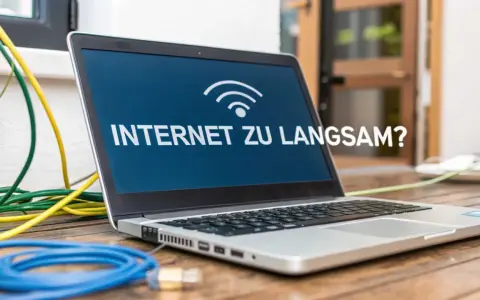 Laptop mit der Frage "INTERNET ZU LANGSAM?" und vielen Kabeln. Vielleicht liegt es daran, warum ist das Internet so langsam?