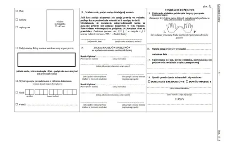 Formularz wniosku o paszport, sekcja dotycząca zgody rodziców/opiekunów na wydanie dokumentu osobie małoletniej.