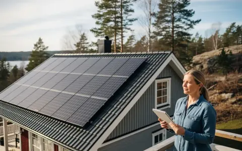 Kvinna med surfplatta övervakar solceller på taket. Regelbundet solceller underhåll säkerställer optimal energiproduktion.