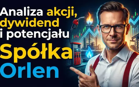 Analiza akcji Orlen: dywidendy i potencjał wzrostu. Mężczyzna w okularach wskazuje na wykresy giełdowe i rafinerię.