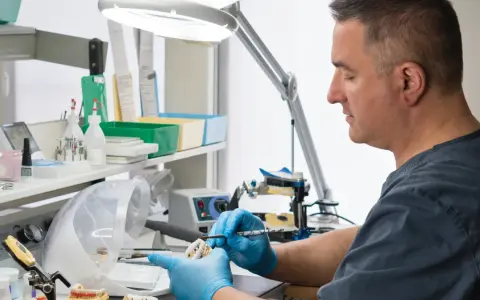 Pracownia technika dentystycznego. Precyzyjna praca nad protezą, która wpływa na technik dentystyczny zarobki.