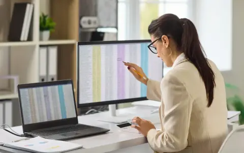 Kobieta w okularach pracuje przy komputerze, analizując dane finansowe. To typowe stanowisko w księgowości, gdzie liczy się precyzja i skupienie.
