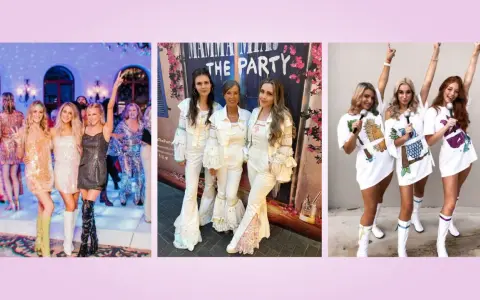 Chicas celebrando fiestas temáticas, algunas con brillos, otras vestidas de blanco y unas más con disfraces de animales.