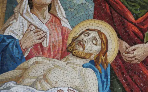 Mozaika przedstawia opłakiwanie Chrystusa. Postacie w żałobie, jak w psalm 32, szukają pocieszenia w bólu.