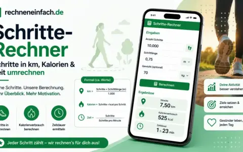 Schritte-Rechner zeigt, wie lange 10.000 Schritte dauern. Berechnet Distanz, Kalorien & Zeit. Mehr Motivation für deine Aktivität.