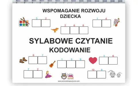 Pomoc w nauce czytania metodą sylabową. Dziecko koduje obrazki, dopasowując sylaby do pól.