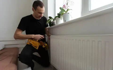 A man in a tool belt inspects a white radiator, checking for any signs of a cracked radiator before winter sets in.