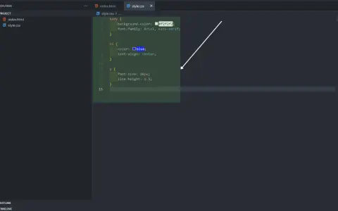 Fragment kodu CSS w edytorze, z podświetlonymi regułami dla body, h1 i p.