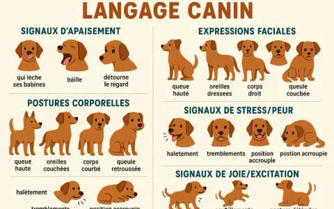 Illustration du langage corporel du chien : signes d'apaisement, expressions faciales, postures, stress/peur et joie/excitation.