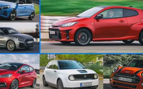 Comparativa de coches segmento b: azul deportivo, gris elegante, rojo agresivo, blanco eléctrico y naranja icónico.