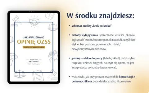 Na tablecie widoczna okładka poradnika "Jak analizować opinię OZSS". W środku schemat analizy, metody wyłapywania błędów i gotowy szablon.