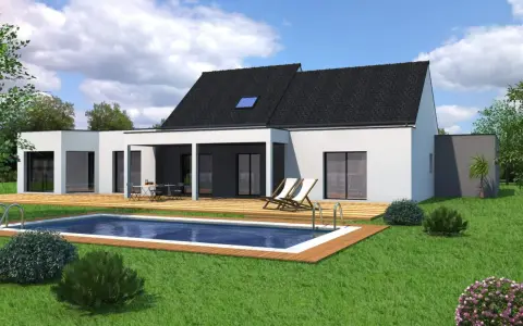 Vue 3D d'un plan maison 200m2 moderne avec piscine et terrasse en bois.