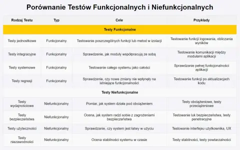 Tabela porównująca testy funkcjonalne i niefunkcjonalne, ich cele i przykłady.