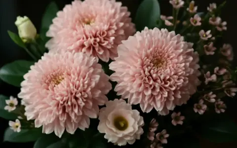 En bukett med rosa snittblommor, inklusive stora, fluffiga blommor och mindre, delikata blommor, samt en vit ros.