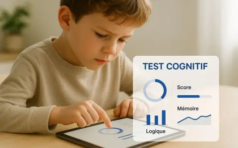 Un enfant concentré sur une tablette, effectuant un test cognitif. Il ressemble à un petit zèbre, explorant son potentiel.