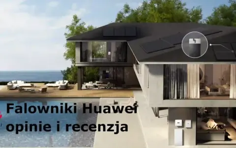 Nowoczesny dom z panelami słonecznymi na dachu i basenem. Falowniki Huawei 6kW zapewniają energię.