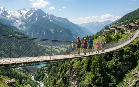 Famiglia attraversa un suggestivo ponte tibetano in Lombardia, con montagne innevate e un villaggio alpino sullo sfondo.