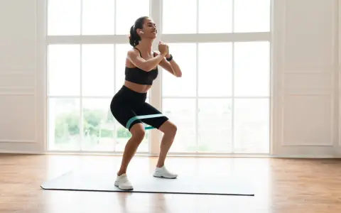 Femme souriante faisant un squat avec un élastique autour des cuisses, sur un tapis de yoga, devant une grande fenêtre lumineuse.