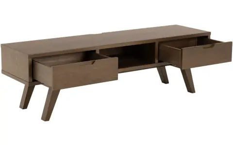 Mörkbrun tv möbel från IKEA med två utdragna lådor och öppen förvaring.