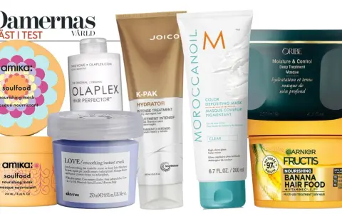 Här är en samling av olika hårinpackningar, inklusive Amika, Olaplex, Joico, Moroccanoil, Oribe och Garnier Fructis. En bra hårinpackning för alla hårtyper.