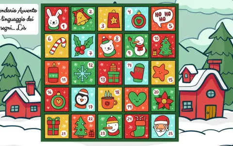 Un colorato calendario avvento interattivo con 25 caselle, ognuna con un simbolo natalizio e un numero. Sullo sfondo, casette innevate e alberi.
