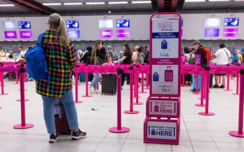 Kolejka do odprawy Wizzair. Tablica informuje, co trzeba wyjąć z bagażu podręcznego: płyny, elektronikę i przedmioty ostre.