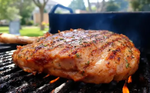 Gigot d'agneau au barbecue, grillé à la perfection, avec des herbes aromatiques et des marques de grill. La viande est juteuse et dorée, prête à être dégustée.