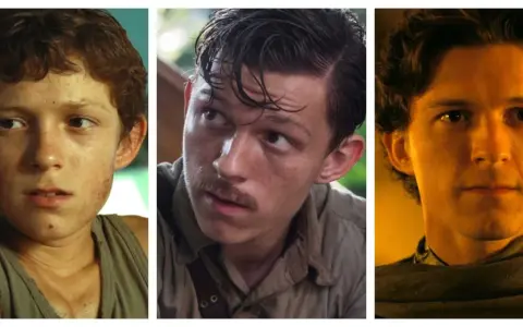 Tre bilder på Tom Holland i olika filmer. Från ung pojke till vuxen man, en resa genom hans filmer.