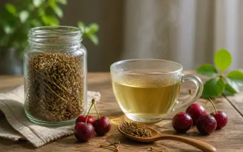 Infusion de queue de cerise, ses bienfaits pour la santé sont reconnus. Une tasse fumante à côté d'un bocal rempli de queues de cerises séchées.