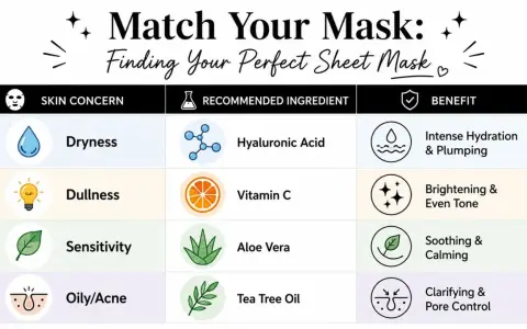 Chart showing facial mask benefits for dryness (Hyaluronic Acid for hydration), dullness (Vitamin C for brightening), sensitivity (Aloe Vera for soothing), and oily/acne (Tea Tree Oil for clarifying).