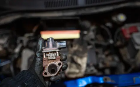 Zardzewiały zawór EGR w dłoni mechanika. Może to być przyczyna problemów z silnikiem, np. nierównej pracy.