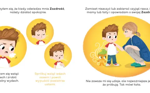Chłopiec uczy się, jak nie być zazdrosnym: ćwiczy spokojne oddechy i rozmawia z mamą.
