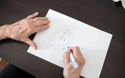Mani anziane disegnano un orologio su carta, parte di un test memoria anziani.