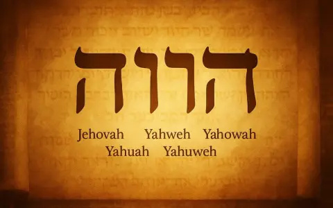 The Hebrew Tetragrammaton, representing who is Yahweh, is shown in large dark letters on a parchment background. Below, variations of the name are listed: Jehovah, Yahweh, Yahowah, Yahuah, Yahuweh.