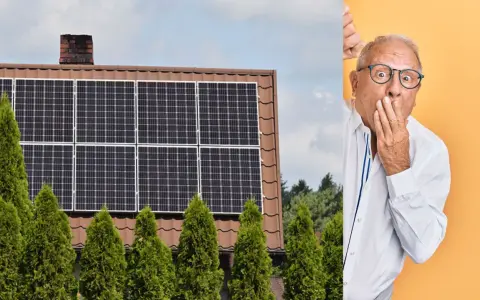 Panele słoneczne na dachu, a obok zdziwiony mężczyzna. Miała być tania energia słoneczna, a rachunki za prąd wzrosły.