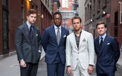 Quattro uomini in abiti eleganti, con un impeccabile bavero giacca, posano in un vicolo urbano.