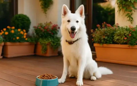 Berger blanc suisse attendant patiemment ses croquettes.