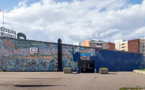 En stor vägg täckt av färgstark graffiti. En basketkorg hänger på väggen.