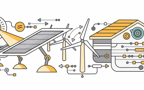 Ilustracja przedstawia schemat działania domu pasywnego: panele słoneczne i turbina wiatrowa dostarczają energię do inteligentnego budynku.