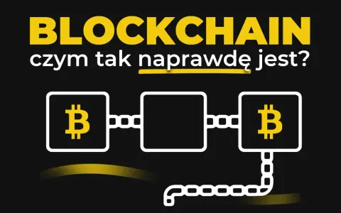 Grafika wyjaśnia, co to blockchain, pokazując połączone bloki z symbolem Bitcoina.