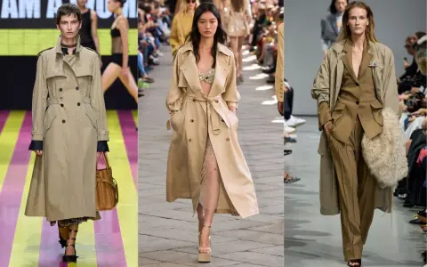 Modelle in passerella mostrano come abbinare un trench beige con abiti eleganti, casual e audaci, creando look sofisticati.