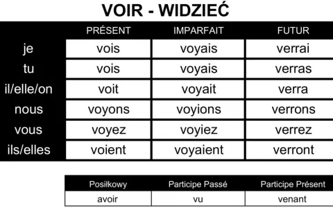 Tabela koniugacji francuskiego czasownika "voir" (widzieć) w różnych czasach. Zobacz odmiana "voir" w Present, Imparfait i Futur.