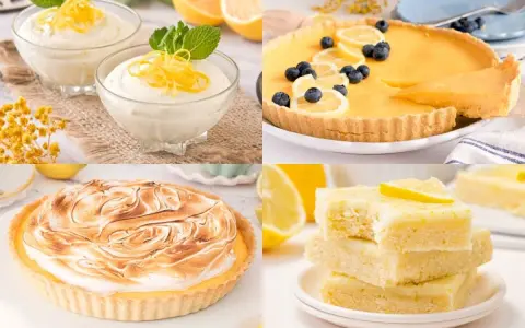 Un surtido de postre de limón: mousses individuales, tarta con merengue, tarta de limón y arándanos, y barritas de limón.
