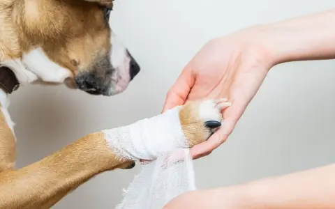 Pies z zabandażowaną łapą, która wymagała zastosowania Sudocremu na zacieki. Opiekun delikatnie opatruje ranę.