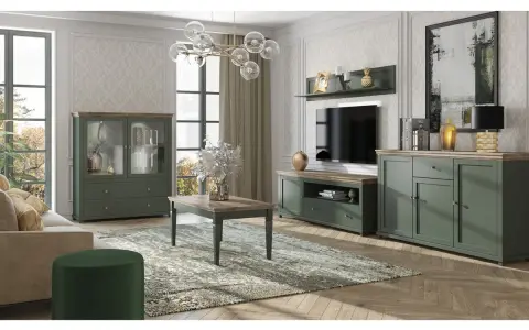 Elegancki salon z meblami w kolorze khaki. W centrum stolik kawowy, obok komoda i witryna. Na ścianie telewizor i półka.